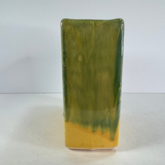 Vintage McCoy green and yellow ceramic square bird vase 6.75" tall - Picture 6 of 10